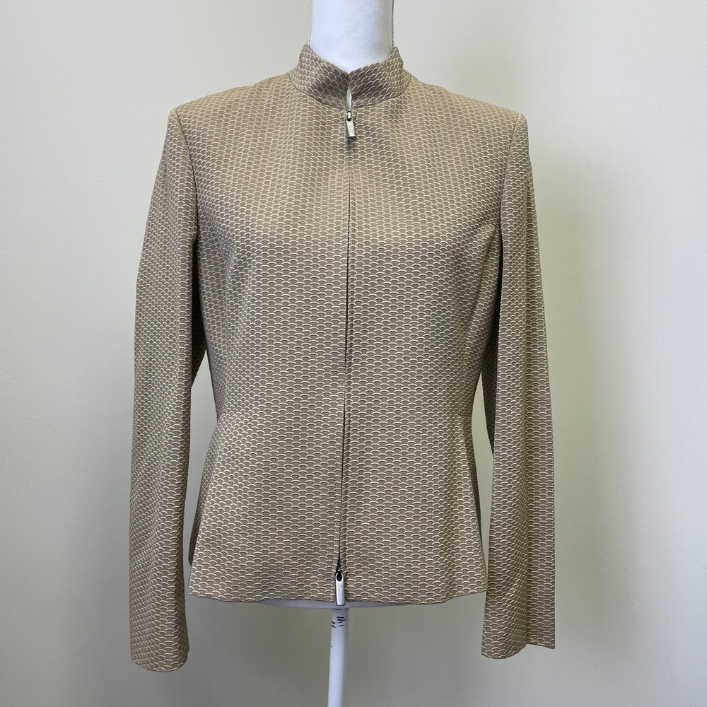 NWT Zanella Maxine Jacket 8 Tan Geometric Jacquard Mock Neck Two Way Zip Italy